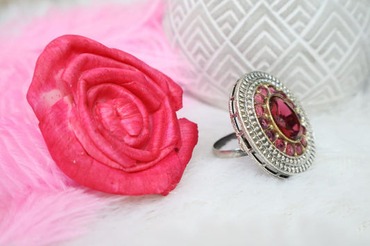 PINK OVAL OXIDISED RING SIVA BY ANIKA