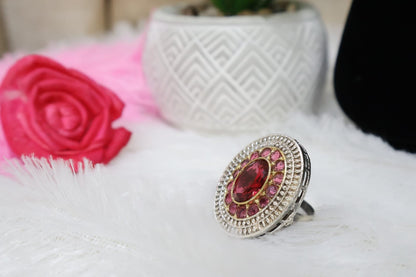 PINK OVAL OXIDISED RING SIVA BY ANIKA