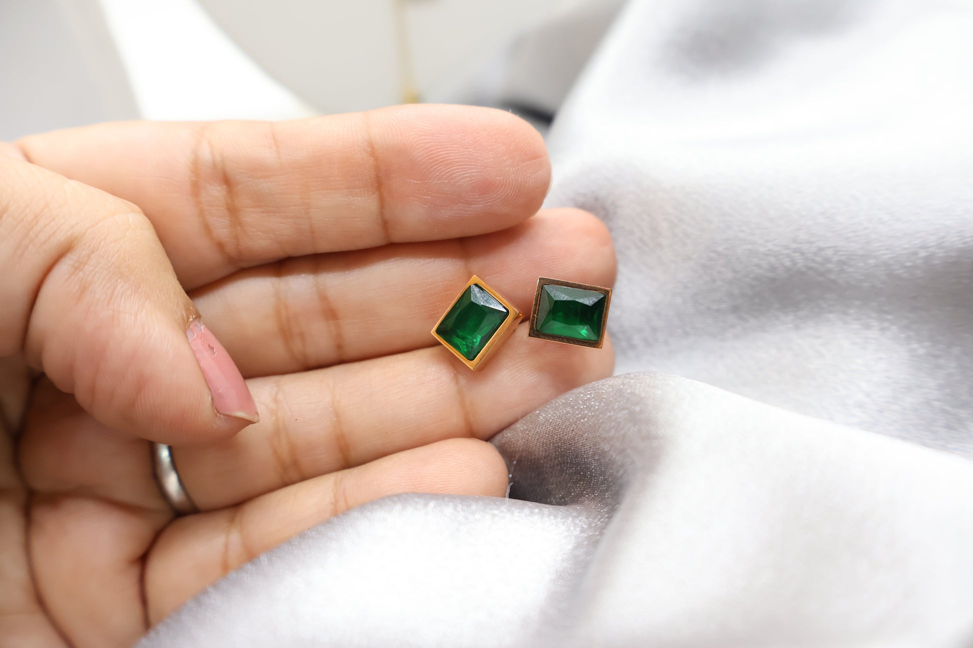 Green square stud Earrings SIVA by Anika